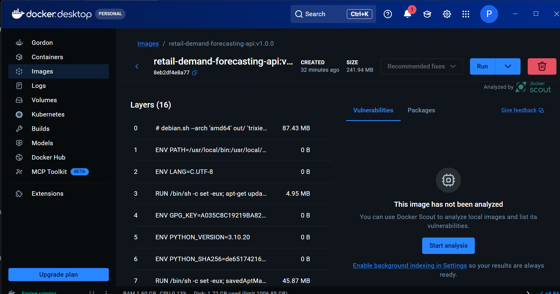Containerisierte API in Docker Desktop.
