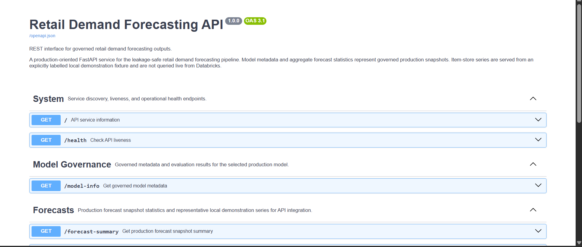 FastAPI-OpenAPI-Dokumentation und Forecast-Endpunkte.